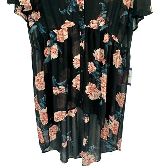 Torrid 0 Short Sleeve Button Up Sheer Tunic Top Black Floral High Low Hem Vneck - Picture 3 of 11